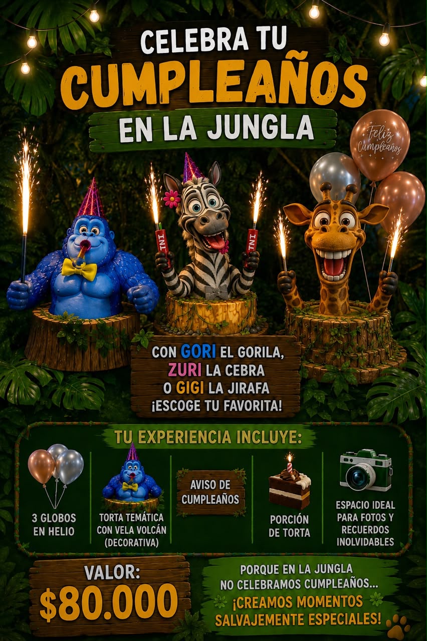 Celebra tu cumpleaños en La Jungla con Gori el gorila, Zuri la cebra o Gigi la jirafa